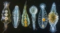 A series of rotifers in various stages of digestion some with food particles visible inside their transparent bodies