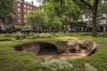 series of sinkholes in a city park, with trees and flowers growing around them