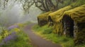 A series of small moss-covered stone huts along a forest path Royalty Free Stock Photo