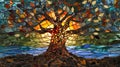 A series of smaller intricate stained glass panels are arranged to create a mosaiclike image of the Tree of Life. With