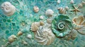 A series of smaller panels featuring a variety of seashell shapes in shades of sea green and turquoise arranged in a
