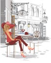 Series of the street cafes with a beatiful girl in red in the old city,