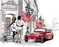 Series of street cafes with a retro car and a romantic couple in the old city. Royalty Free Stock Photo