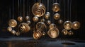 A series of suspended orbs each adorned with intricate designs and patterns spin and twirl in a mesmerizing display. The
