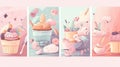 a series of three illustrations of different desserts and pastries in pastel colors, with a pink background and a pastel pink