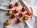 A series of tiny, freshly washed apples scattered on a white linen cloth, reflecting simplicity and naturality Royalty Free Stock Photo