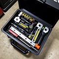 A series of tools for alignment and leveling displayed in a neat organized toolbox on a concrete floor