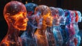 A series of transparent heads in various positions each with a unique glowing mind depict a chain reaction of telepathic Royalty Free Stock Photo