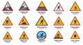Series of triangular and circular warning signs, each featuring stylized graphics of Royalty Free Stock Photo