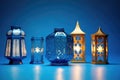 a series of unlit ramadan lanterns on a blue background