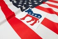 Series of USA ruffled flags with democratic party symbol over it Royalty Free Stock Photo