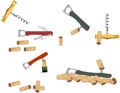 Series and various corkscrews with bottle caps Royalty Free Stock Photo