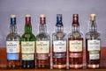 BALLINDALLOCH, MORAY / SCOTLAND - AUGUST 24, 2016: Series of various The Glenlivet Single Malt Scotch whisky bottels in the Glenli