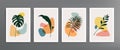 Series of vector wall art posters on a botanical theme. Set of hand drawn line of foliage and geometric shapes. Abstract