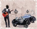 Series of vintage backgrounds decorated with retro cars, musicians, old town views and street cafes. Royalty Free Stock Photo