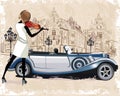 Series of vintage backgrounds decorated with retro cars, musicians, old town views and street cafes.