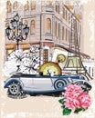 Series of vintage backgrounds decorated with retro cars and old city street views. Royalty Free Stock Photo