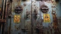 A series of warning signs and labels decorate the walls of a cargo vessel reminding crew members of the dangerous