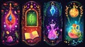 A series of witchcraft posters with magic amulets, mirrors, spell books, cauldrons, and potions. Modern vertical banners Royalty Free Stock Photo
