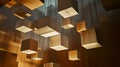 A series of wooden cubes hanging from the ceiling, creating a unique