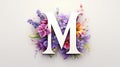Serif Typeface Typographical Logo with Floral Design Featuring Letter 'M'. Spring, Summer