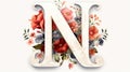 Serif Typeface Typographical Logo with Floral Design Featuring Letter 'N'. Spring, Summer