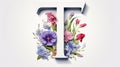 Serif Typeface Typographical Logo with Floral Design Featuring Letter 'T'. Spring, Summer