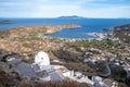 Serifos island, Greece, Cyclades, aerial drone view of Livadi village and port Royalty Free Stock Photo