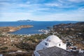 Serifos island, Greece, Cyclades, aerial drone view of Livadi village and port Royalty Free Stock Photo