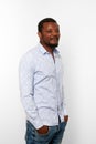 Serious african american black man in casual bright shirt with small beard, isolated background