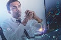 Serious African man with laptop in office, network interface