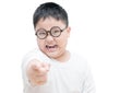 Serious or angry obses kid points index finger isolated