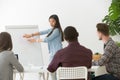 Serious asian businesswoman giving presentation to multiracial t Royalty Free Stock Photo