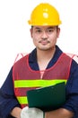 Serious asian foreman with clipboard