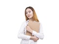 Serious Asian woman with clipboard and pen Royalty Free Stock Photo