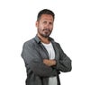 Serious and attractive man on his 40s with folded arms looking to camera smiling confident isolated on white background feeling