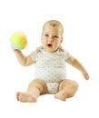 Serious baby boy siting and playing with colorful ball. Isolated on white background. Royalty Free Stock Photo