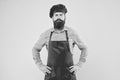 Serious bearded chef. brutal male cook in hat and apron. professional man cooking. restaurant cuisine and culinary Royalty Free Stock Photo