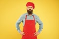 serious bearded chef. brutal male cook in hat and apron. professional man cooking. restaurant cuisine and culinary Royalty Free Stock Photo