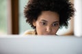 Serious Black student girl working on study research at computer Royalty Free Stock Photo