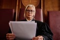 Serious blond female impartial judge reading juridical document Royalty Free Stock Photo