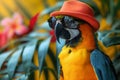 Serious blue and gold macaw with sunglasses and pink hat on palm background. Royalty Free Stock Photo