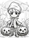 Serious boy or having two jack-o-lantern pumpkins, Halloween black and white picture coloring book Royalty Free Stock Photo