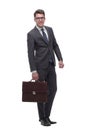 Serious business man with a leather briefcase. isolated on white Royalty Free Stock Photo