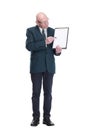 serious business man pointing to a blank page in the clipboard. Royalty Free Stock Photo