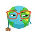 Serious businessman Earth planet character in glasses holding briefcase, cute globe with face and hands vector