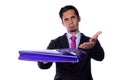 Serious businessman handing a folder with an expression of complaint and anger. Young adult businessman asking to work