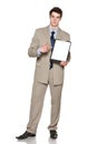 Serious businessman holding blank whiteboard Royalty Free Stock Photo