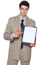 Serious businessman holding blank whiteboard Royalty Free Stock Photo