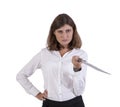 Serious businesswoman posing with a sword